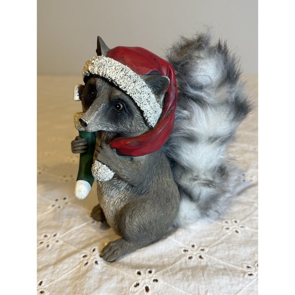 Christmas Raccoon Figurine 5" – Santa Hat – Faux Fur Tail – Holiday Decor - Picture 2 of 4